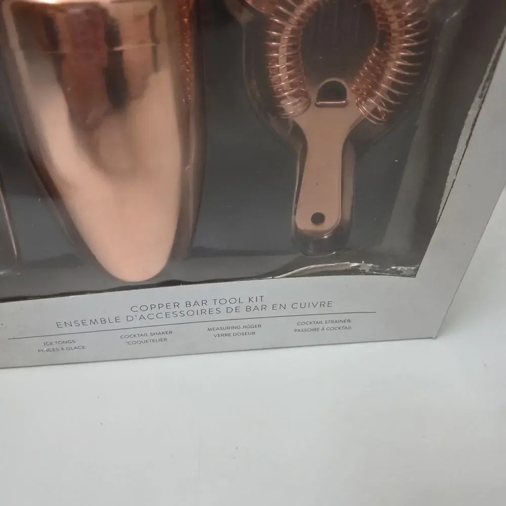 Williams Sonoma Copper Bar Tool Set 4pc Kit Shaker, Jigger, Strainer, Tongs Read